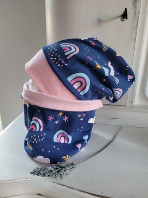 Beanie Mütze & Loop aus Regenbogen Jersey Mädchen 53-55cm 