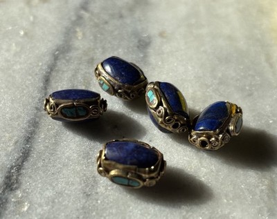 One Tibetan Lapis Lazuli Brass Banded Turquoise Inlays Handmade 18x15mm CC527