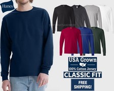 Hanes Mens Long Sleeve 100 USA Grown Cotton T-Shirt Classic Fit Tee S-3XL NEW 