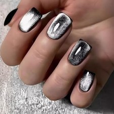 Black Press on Nails Short Square Fake Nails with Cat Eye Designs Change Color