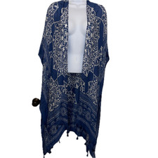 Boho Blue White Kimono Wrap with Tassels One Size