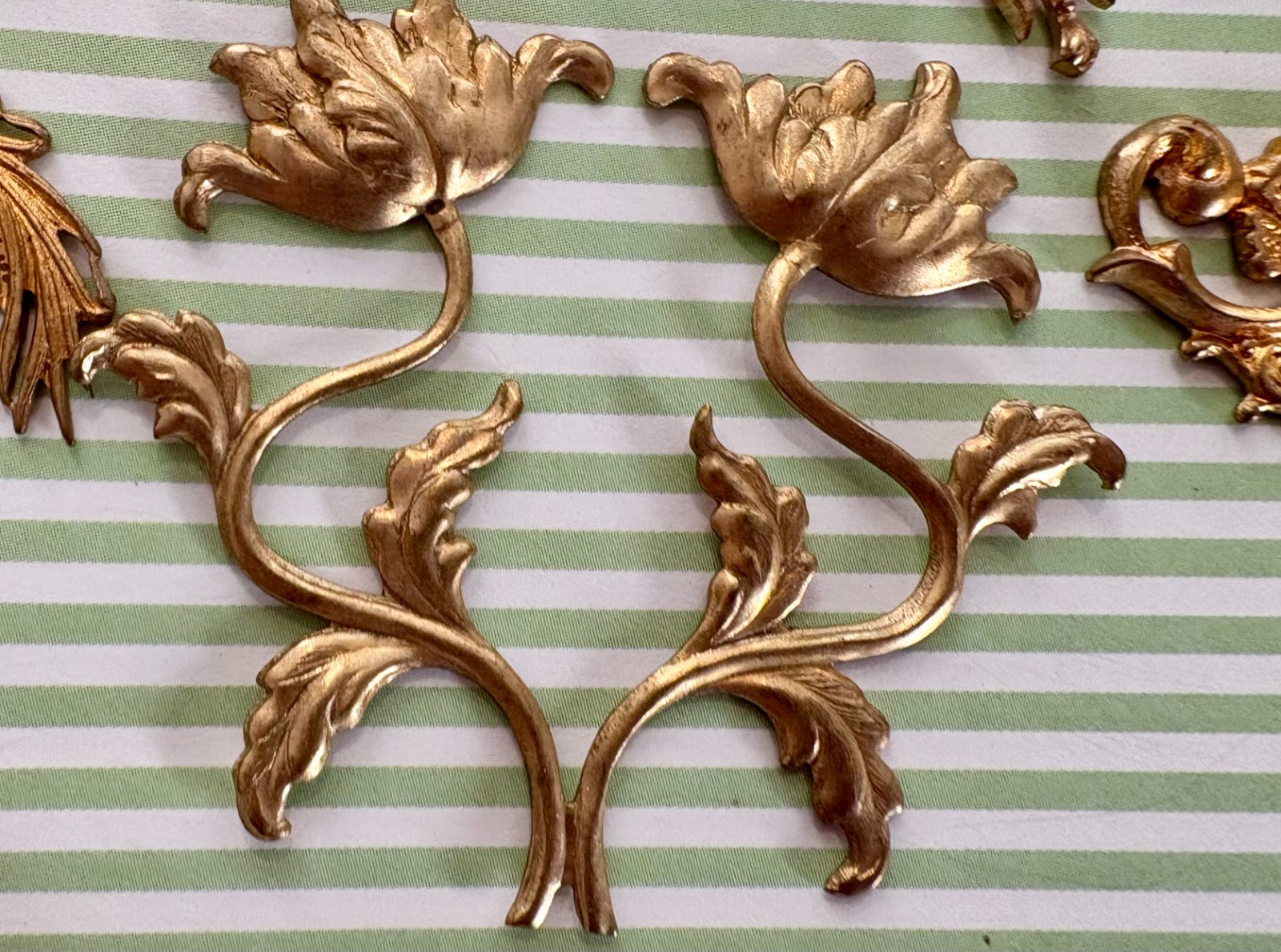 ~7 Vintage Brass Ormolu Embellishments Findings~French Crest Chaudes Aigues~Mono