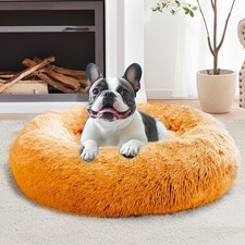 Calming Donut Dog Bed 36in Washable Faux Fur Round Large Fits 80 lb Orange