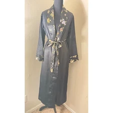Black Floral Trim Kimono Robe Satin Sleepwear Lounge Medium Petra Fashions M