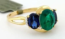 GENUINE 2.11 Cts EMERALD, BLUE SAPPHIRE & DIAMOND RING 10k YELLOW GOLD - NWT