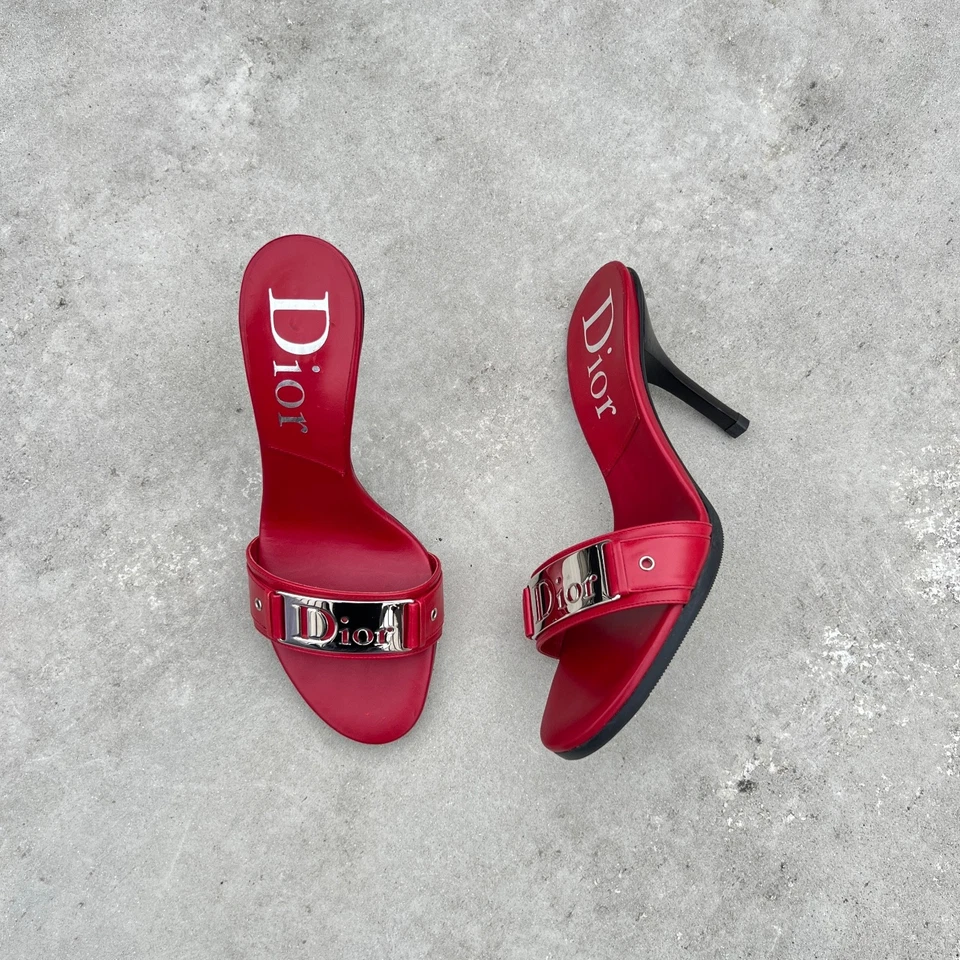 Dior | Unworn Authentic Vintage Red Mules Silver Hardware Logo Plate Rare (35) - Image 3 of 4