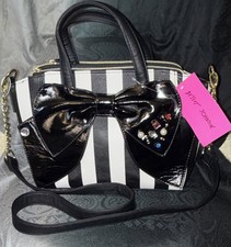 NWT Betsey Johnson Double Zip Satchel Black White Stripe Jeweled Bow Handbag