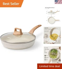 12 Inch Non Stick Frying Pan with Lid,White Granite Nonstick Skillet Omelet P...