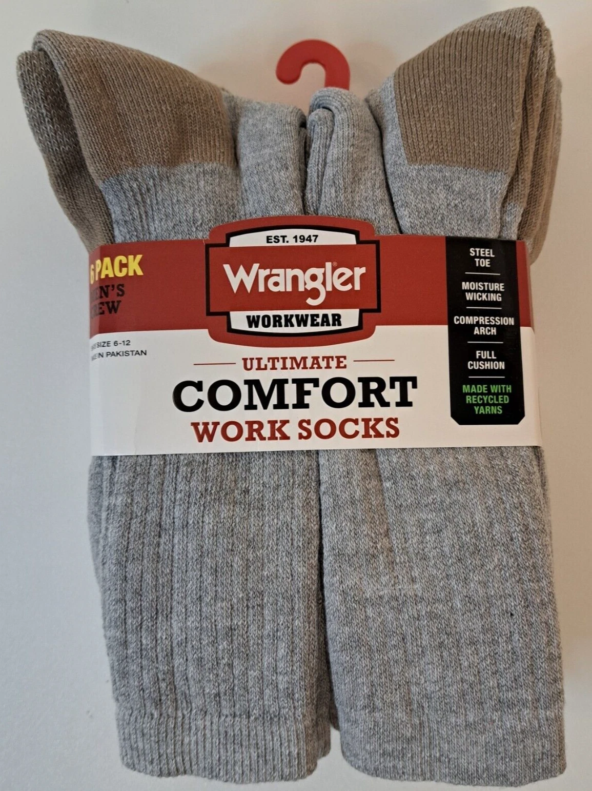 Wrangler 6 Pack Men's Crew Comfort Work Socks Shoe Size 6-12 Cotton Blend Gray