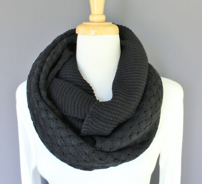 Black textured knit super soft circle infinity endless loop long scarf ...