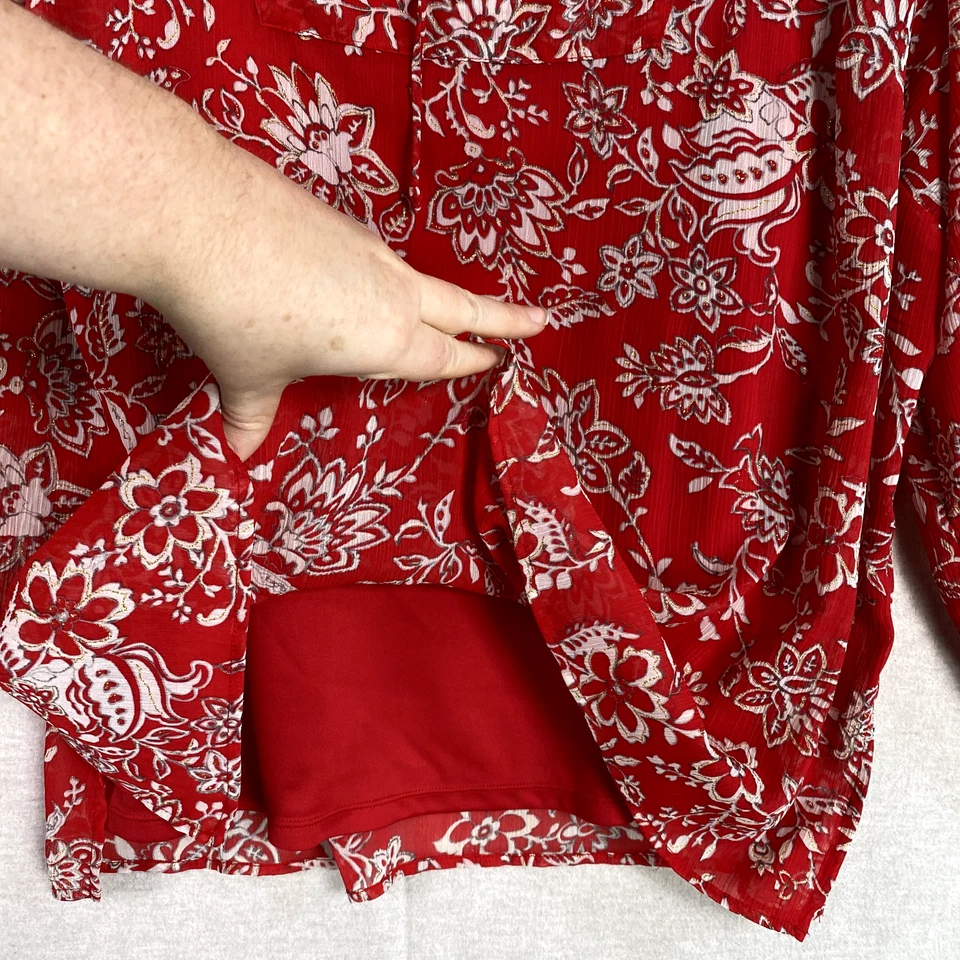 Requirement Women Red Floral Popover Top Size 1X Flare Sleeve Boho Office Career - Image 4 of 4