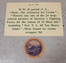 US WW2 Tank Armored Advertising Ice Cream Lid. T.L. 60 Ton Heavy Tank. Dixie T06