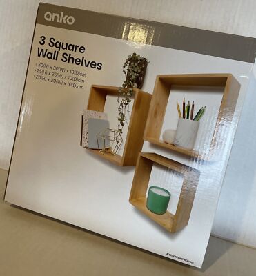 Anko Floating Wall Square Cube Shelves Wood, Set of 3