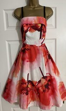 COAST WHITE RED FLORAL COTTON FIT FLARE OCCASION DRESS UK 10 EVENING