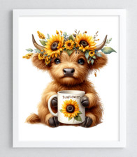 Cow Wall Art Print, Cute Cow With Mug Art Print Farmhouse Decor, Home Decor