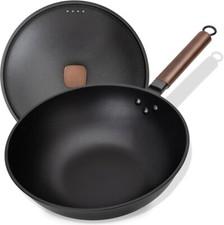 Padella wok con coperchio in ferro wok in acciaio al carbonio senza rivestimento chimico