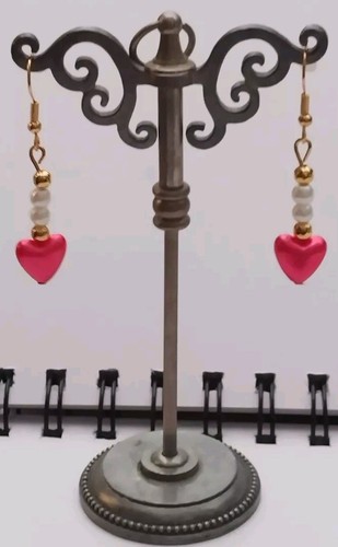 Long, Handmade Earrings, Dangle/Drop, Red Heart, White Perls, Lobe, Hook, Dangly - Picture 8 of 10