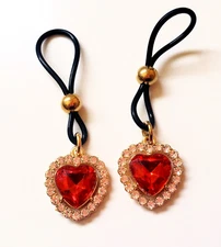 Red Rhinestone Heart Nipple Noose Non-Pierced Fake Nipple Ring Intimate Jewelry