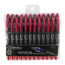 12 Thornton's Office Supplies Novice Disposable Fountain Pens, Medium Point, Red