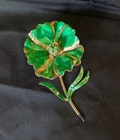 Vintage Green and Gold Enamel Flower Brooch Pin Mid Century Costume Jewelry