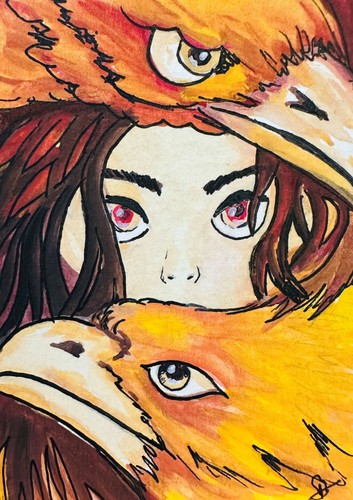 Eagle Girl ACEO Original Watercolor Painting Fantasy Portrait Illustration Art