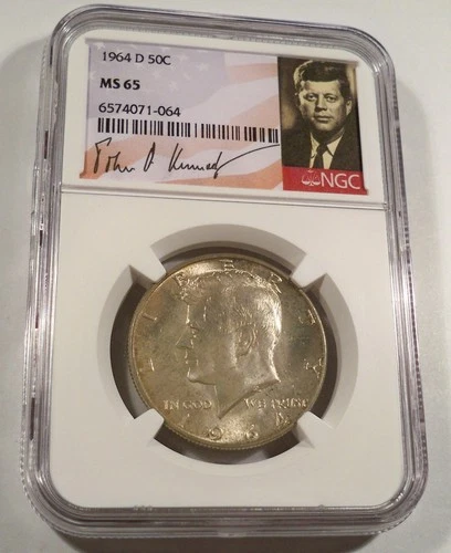 1964-D NGC MS65 SILVER KENNEDY HALF DOLLAR VERY NICE MULTI-COLOR TONE 50c MS 65