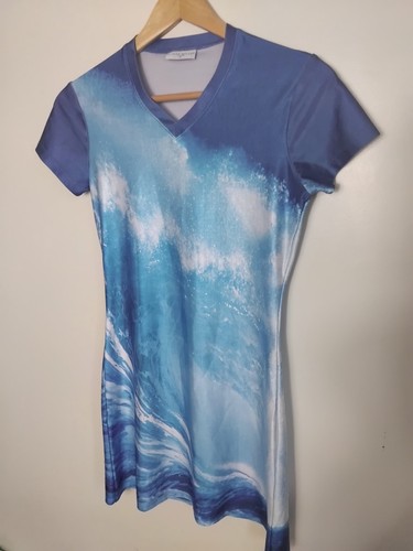 Vintage 90s Y2K Spandex Mini Dress KAREN MILLEN UK 8 Blue Blue Sky Waves Print - Picture 2 of 11
