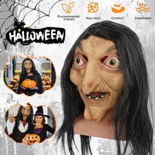 Halloween Scary Latex Witch Mask With Long Hair Scary Horror Cosplay Costume