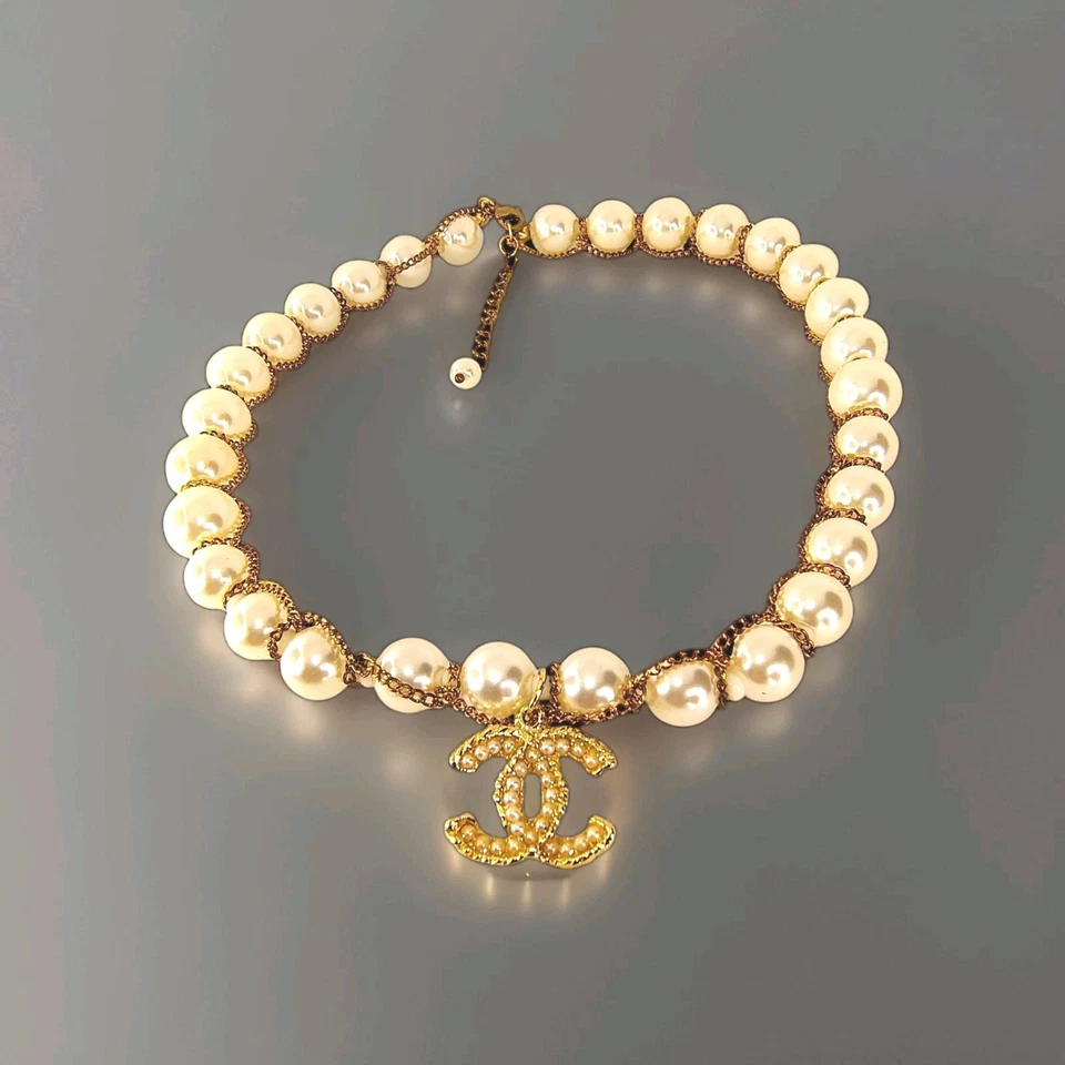 Iconic Faux White, Chain Wrapped, Pearls Choker Necklace w/ Partial Brooch - Image 2 of 4