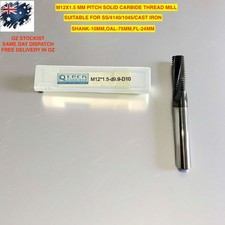 THREAD MILLING CUTTER M12X1.5MM PITCH SOLID CARBIDE COATED SUITABLE SS/1045/MS