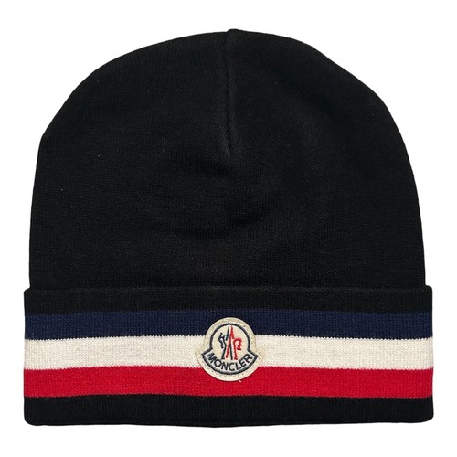 Moncler Logo Black Tricolor Stripe Wool Unisex Beanie Hat