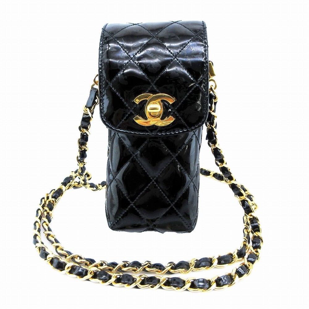 CHANEL 96 Enamel Matelasse Phone Pouch with Patent Leather Chain Shoulder Strap