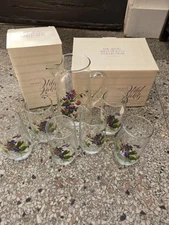 "Wild Violets" Glass Pitcher and 6 Glasses Set by J. Walsh / Avon Vintage W/box