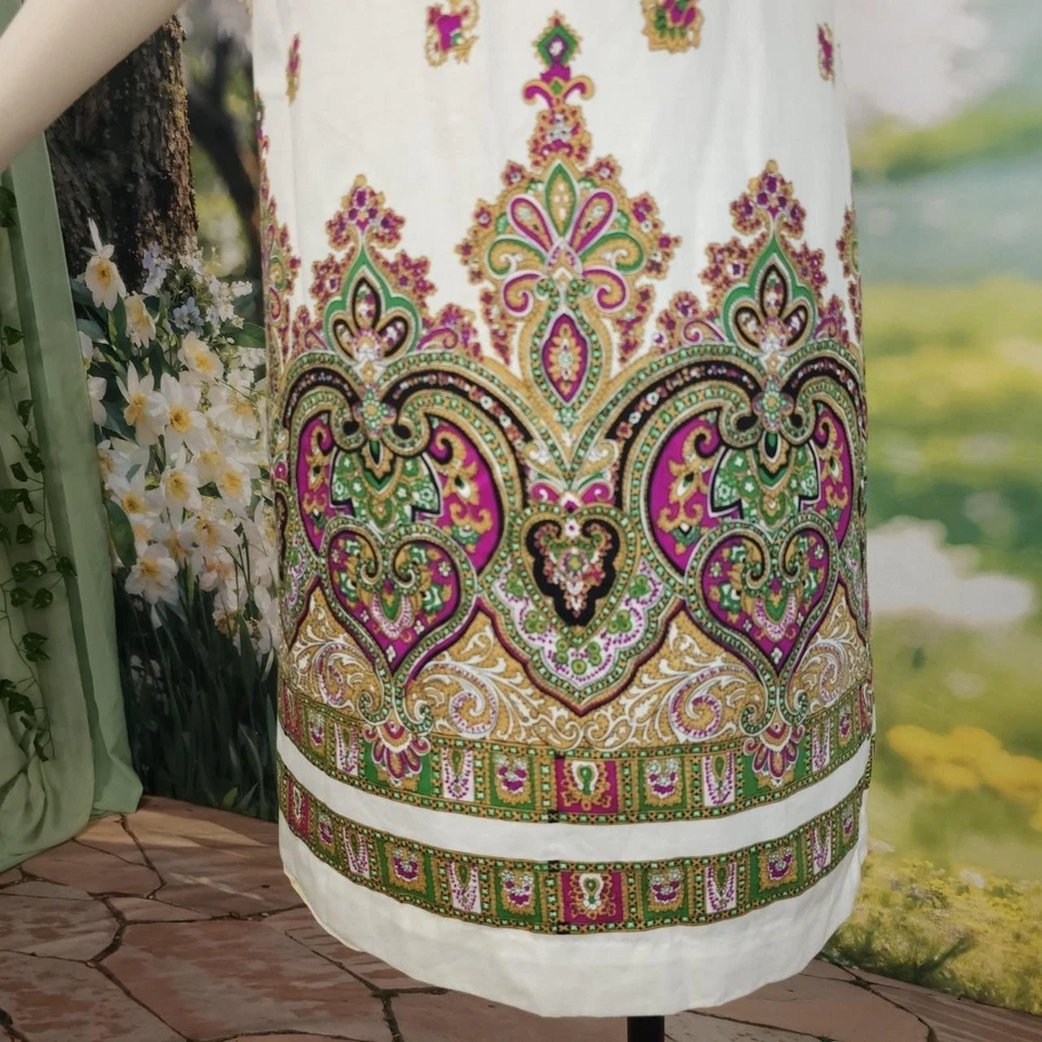 Mardi Gras Sleeveless Dress Paisley Green Pink 1970s Liberty Circle Vintage - Image 4 of 4