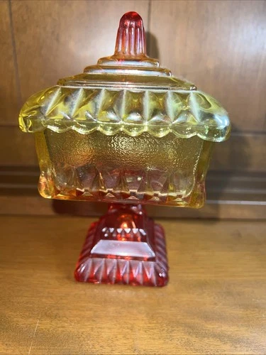 Jeanette Wedding Box Amberina Red Orange Square Pedestal Candy Dish Vtg W Lid