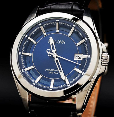 Bulova Precisionist Blue Dial Silver Tone Black Leather 96B257 Band Men's Watch