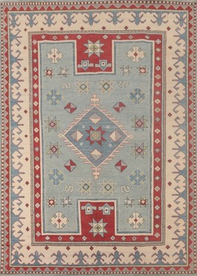 Light Blue Oriental Area Rug 7x9 Geometric Super Kazak Handmade Room Size Carpet