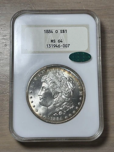 1884 O Morgan Silver Dollar NGC Gold Embossed MS 64 CAC Old Fatty 3.0 Holder