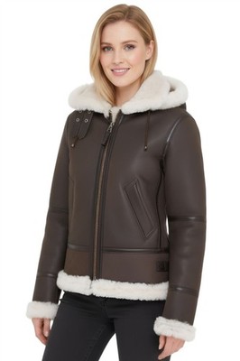 Infinity Leather Damen Creck Brown B3 Kapuzen Lammfell Bomberjacke RAF