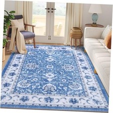 Floral Area Rug Vintage Print Pattern, Machine Washable Non-Slip 5x7 Blue