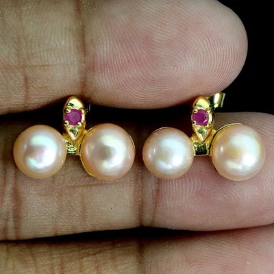 925 Sterlingsilber Ohrringe Rund Rubin 2.5mm Pearl Natürlicher Edelstein Schmuck - Bild 1 von 4