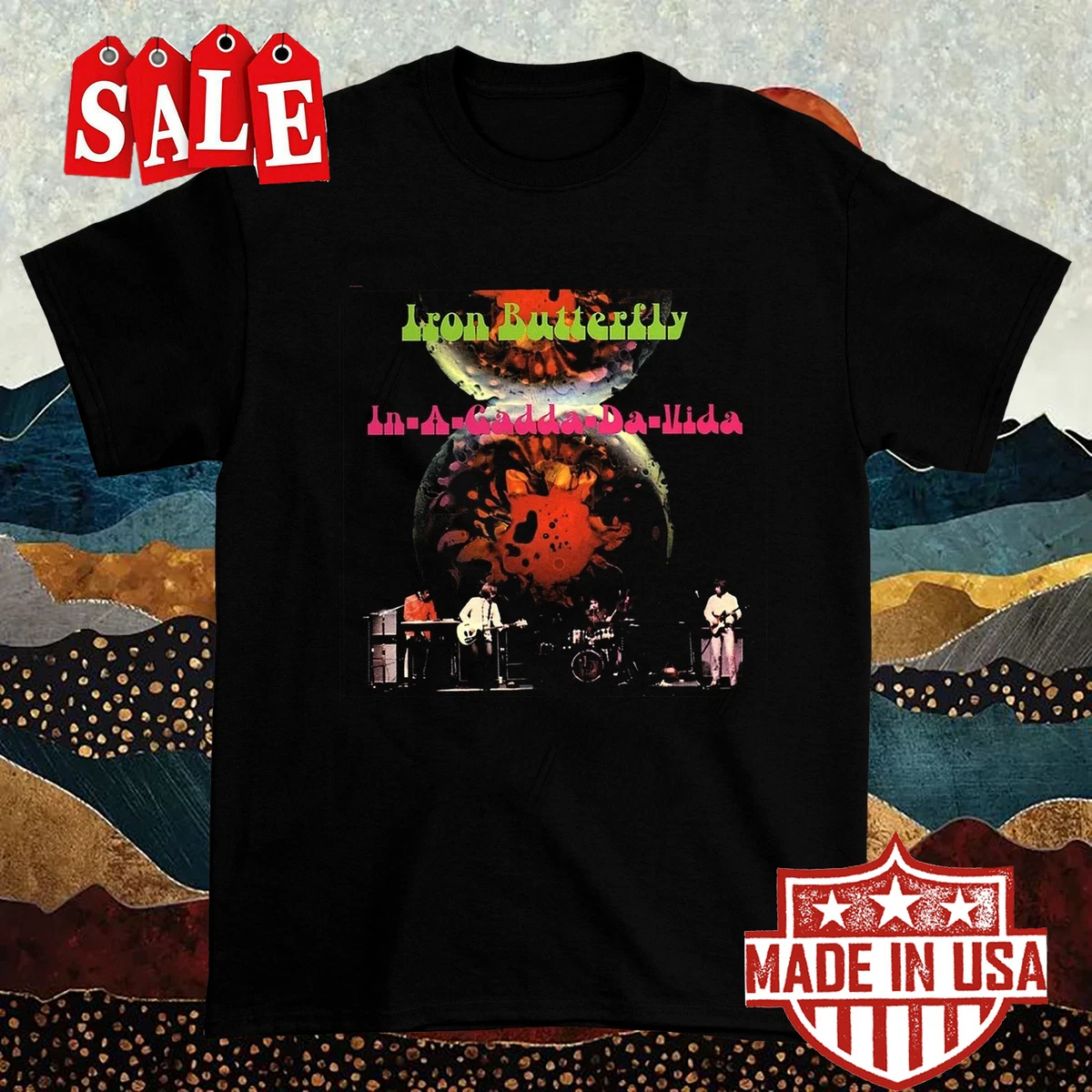 T-shirt Retro Iron Butterfly Concert - Taille S-235XL, Manches Courtes Noir - Neuf Avec étiquette