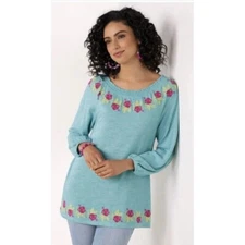 Soft Surroundings Size Medium Tunic Top 2EC23 Blue Embroidered Cottagecore Boho