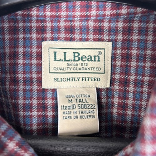 LL Bean Men's MT Medium TALL Flannel Soft Button Down Cotton Plaid Shirt Maroon - Picture 2 of 5