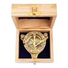 Vintage Brass Sundial compass with wooden engraved box Hiking camping adventure