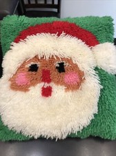 1970s Vintage Latch Hook Completed Red and Green Santa Pillow 15x15