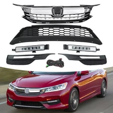 Fit 2016 2017 Honda Accord Sedan Front Bumper Grille Grill & LED Fog Lights Set
