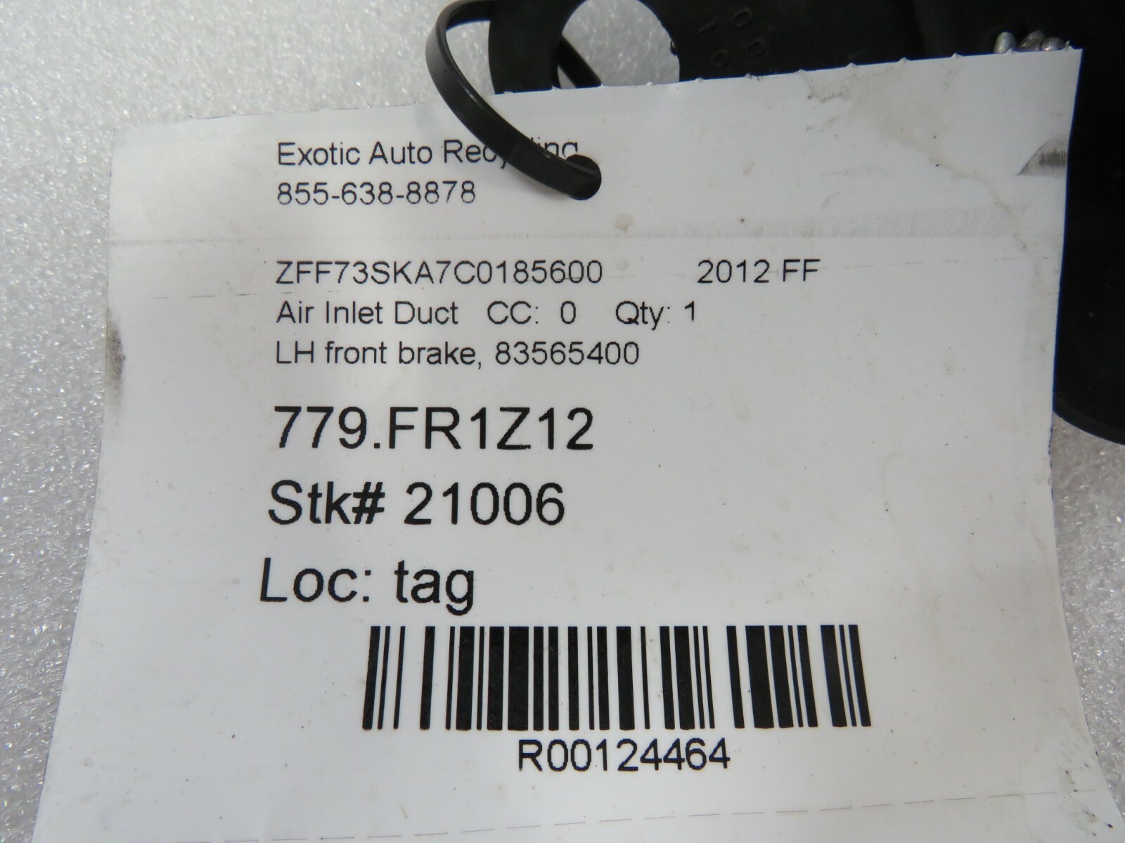 Ferrari FF, LH, Left, Front Brake Air Inlet Duct, Used, P/N 83565400