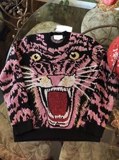 100 Authentic GUCCI Pink  Black Metallic Wool Tiger Sweater 1900 Tax Size: M
