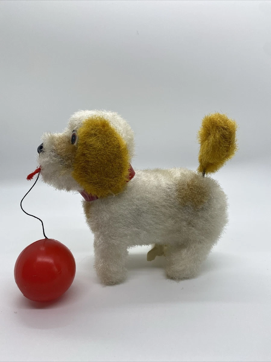 Vintage Japan Wind Up Dog with Red Ball - Spinning Tail - WORKS